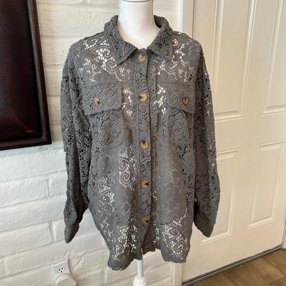 BiBi Tops - NWT Bibi buckle Large charcoal gray lace button long sleeve shirt whimsy